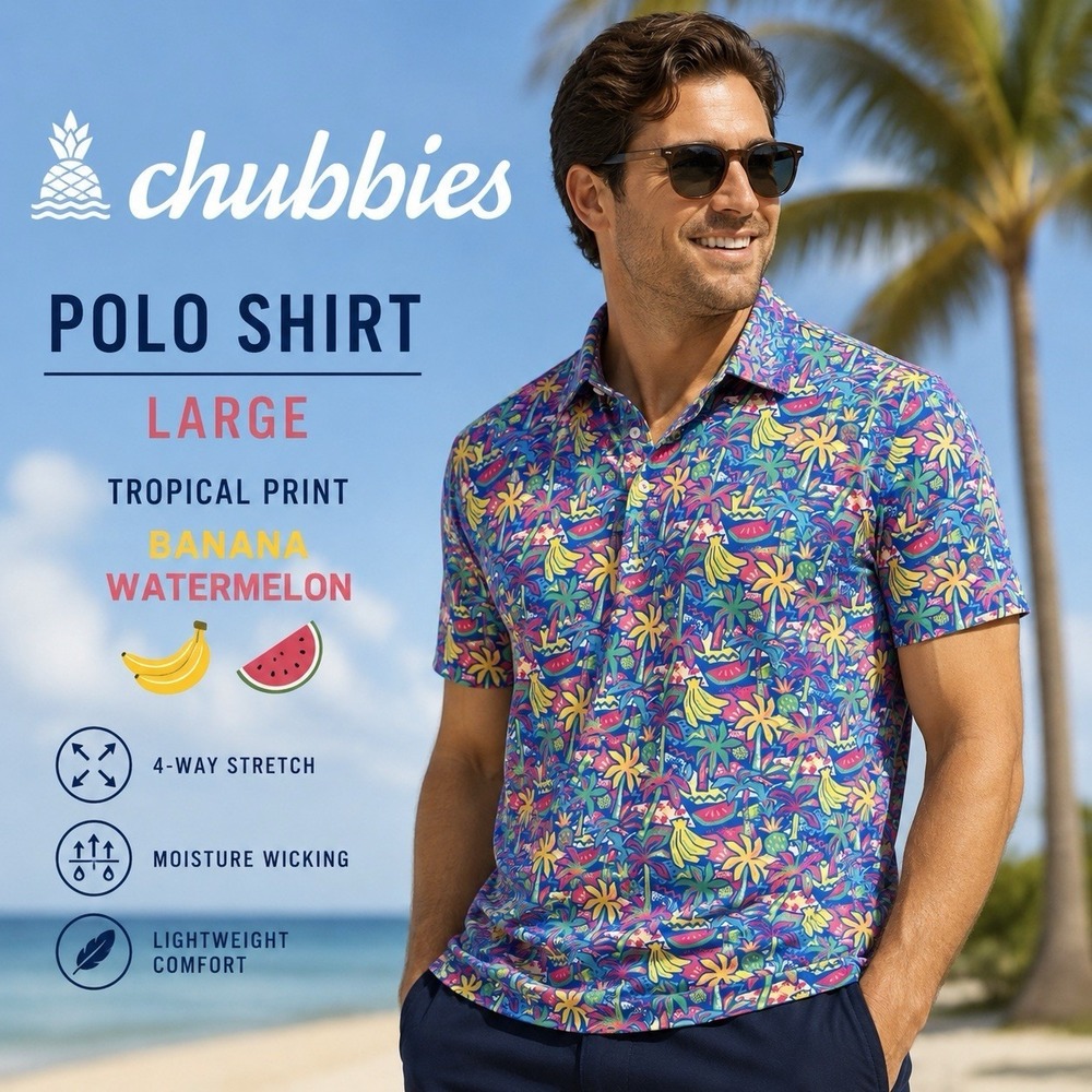 Chubbies Performance Polo Shirt Mens Large Tropical Palm Tree Fruit Print Golf